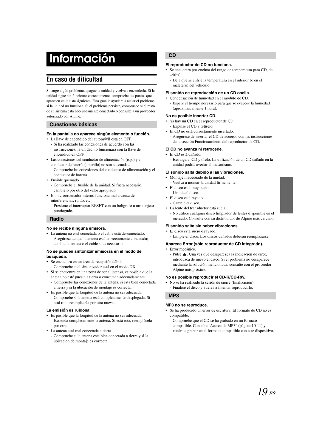 Alpine CDE-9870 owner manual Información, En caso de dificultad, Cuestiones básicas, 19-ES 