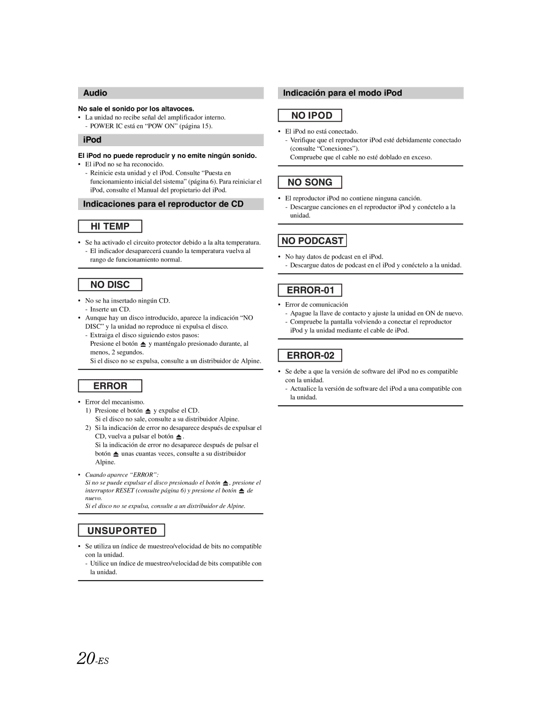 Alpine CDE-9870 owner manual Indicaciones para el reproductor de CD, Indicación para el modo iPod, 20-ES 