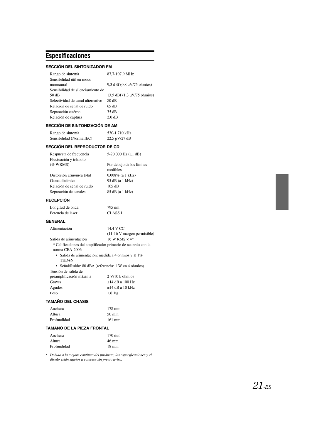 Alpine CDE-9870 owner manual Especificaciones, 21-ES 