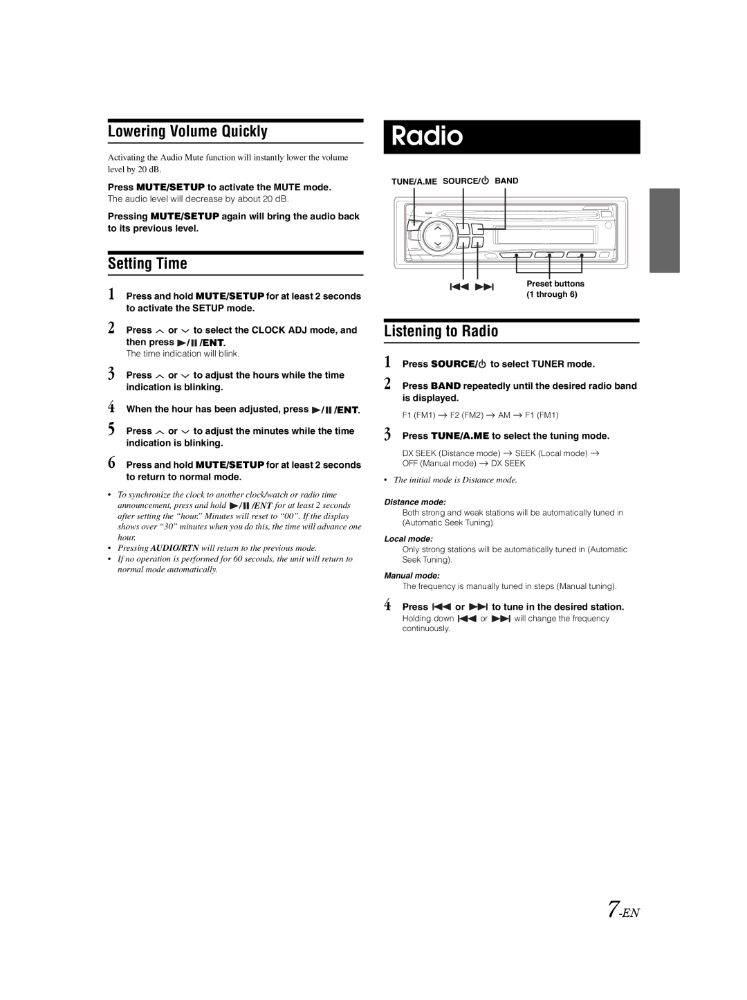 Alpine CDE-9870 owner manual Lowering Volume Quickly, Setting Time, Listening to Radio 