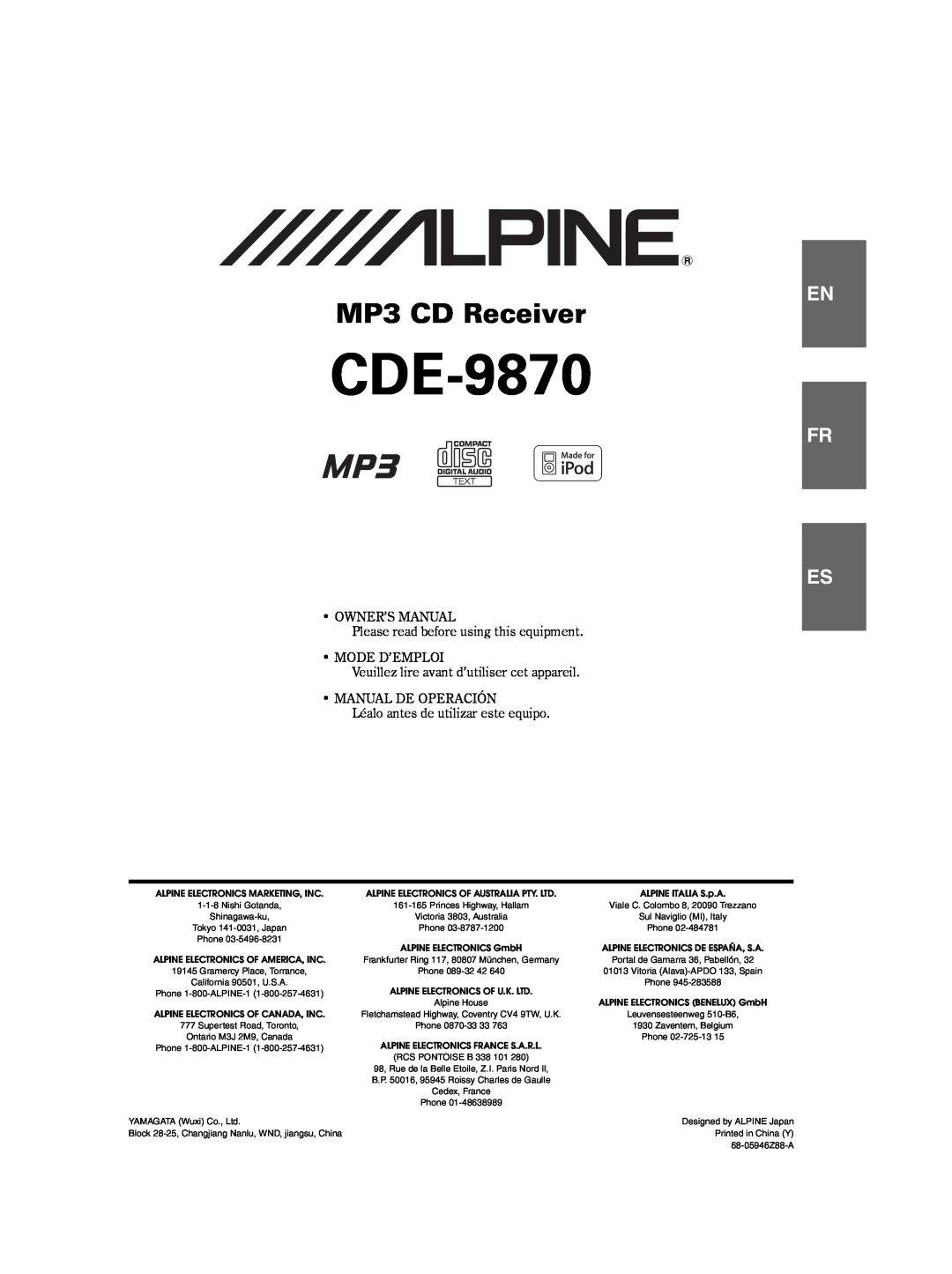Alpine CDE-9870 owner manual MP3 CD Receiver, Fr Es 