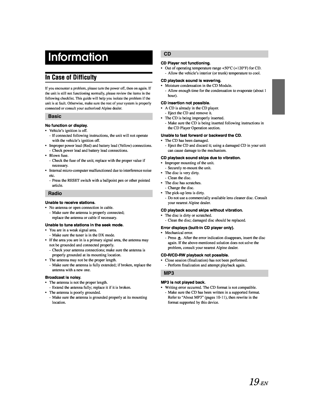 Alpine CDE-9870 owner manual Information, In Case of Difficulty, Basic, Radio, 19-EN 