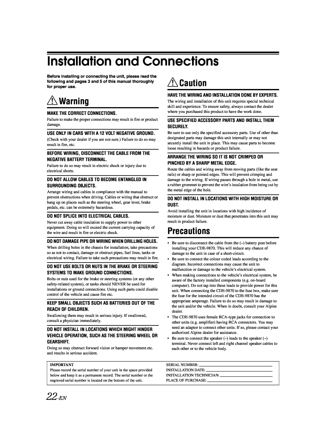 Alpine CDE-9870 owner manual Installation and Connections, Precautions, 22-EN 