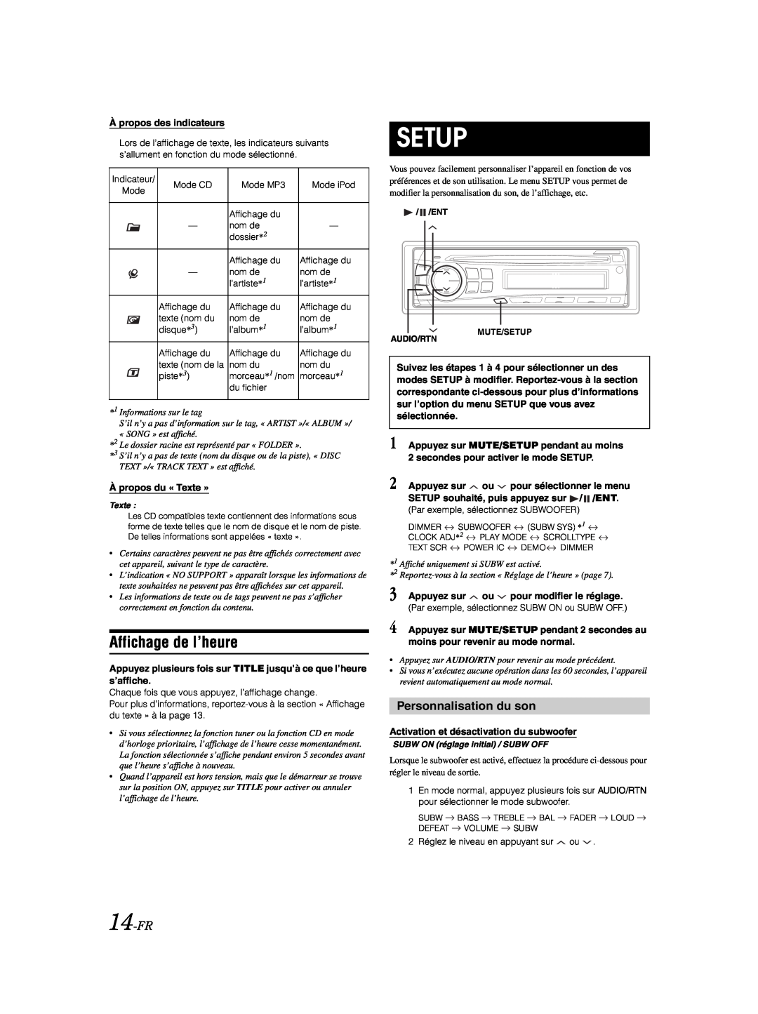 Alpine CDE-9870 owner manual Affichage de l’heure, Personnalisation du son, 14-FR, Setup 