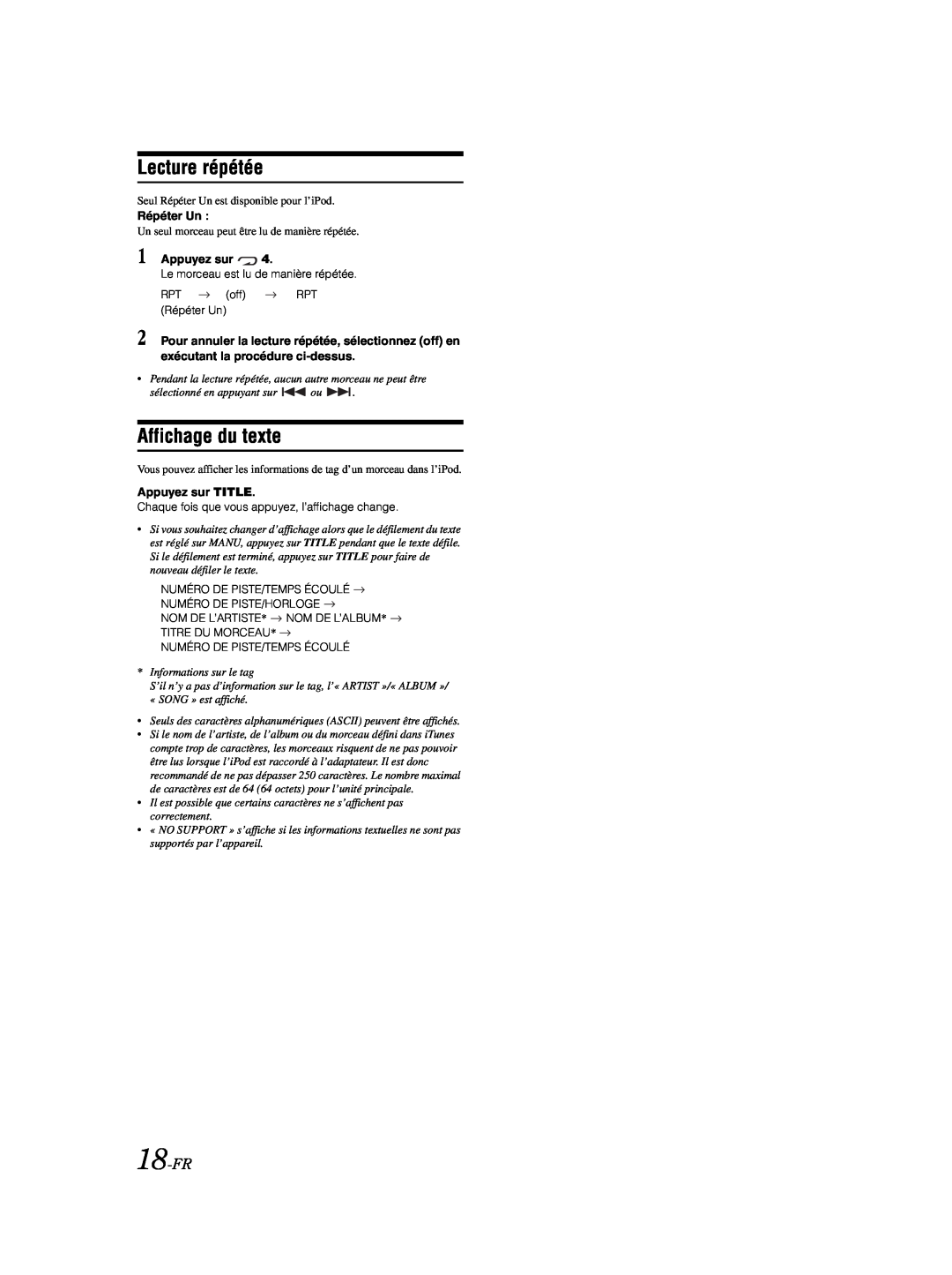 Alpine CDE-9870 owner manual 18-FR, Lecture répétée, Affichage du texte, Répéter Un, Appuyez sur TITLE 