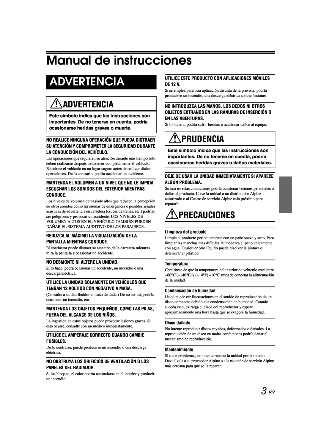 Alpine CDE-9870 owner manual Manual de instrucciones, Advertencia, Prudencia, Precauciones, 3-ES 