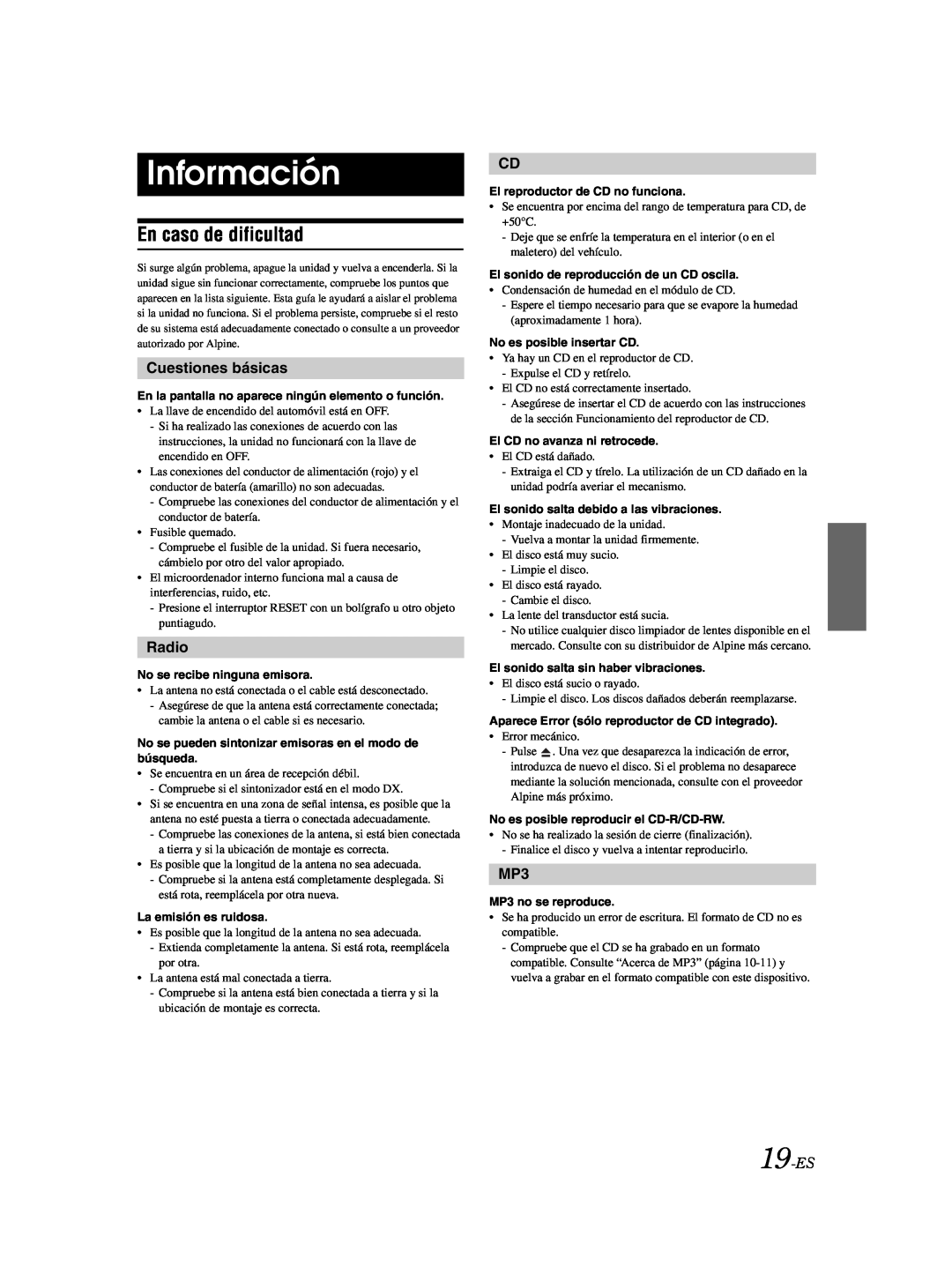 Alpine CDE-9870 owner manual Información, En caso de dificultad, Cuestiones básicas, 19-ES, Radio 