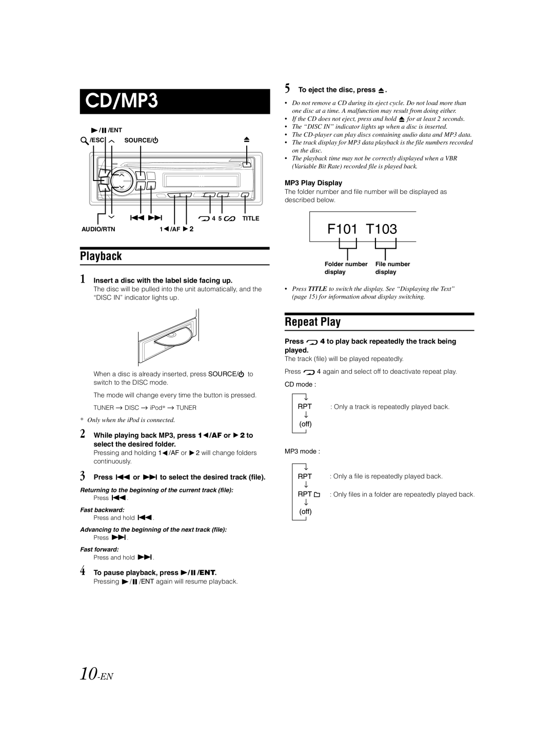 Alpine CDE-9870R owner manual Playback, Repeat Play 