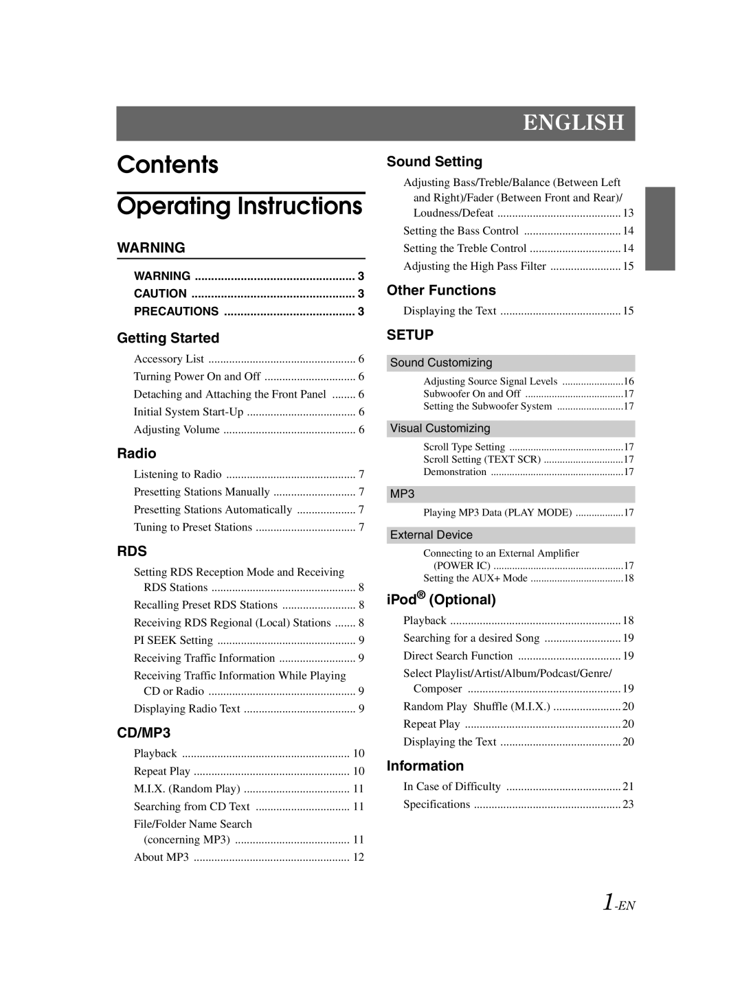 Alpine CDE-9870R owner manual Contents Operating Instructions 