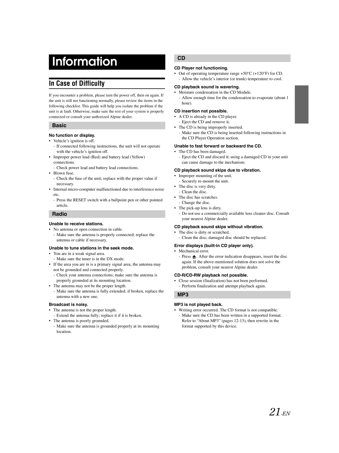 Alpine CDE-9870R owner manual Information, Case of Difficulty, Basic, Radio 