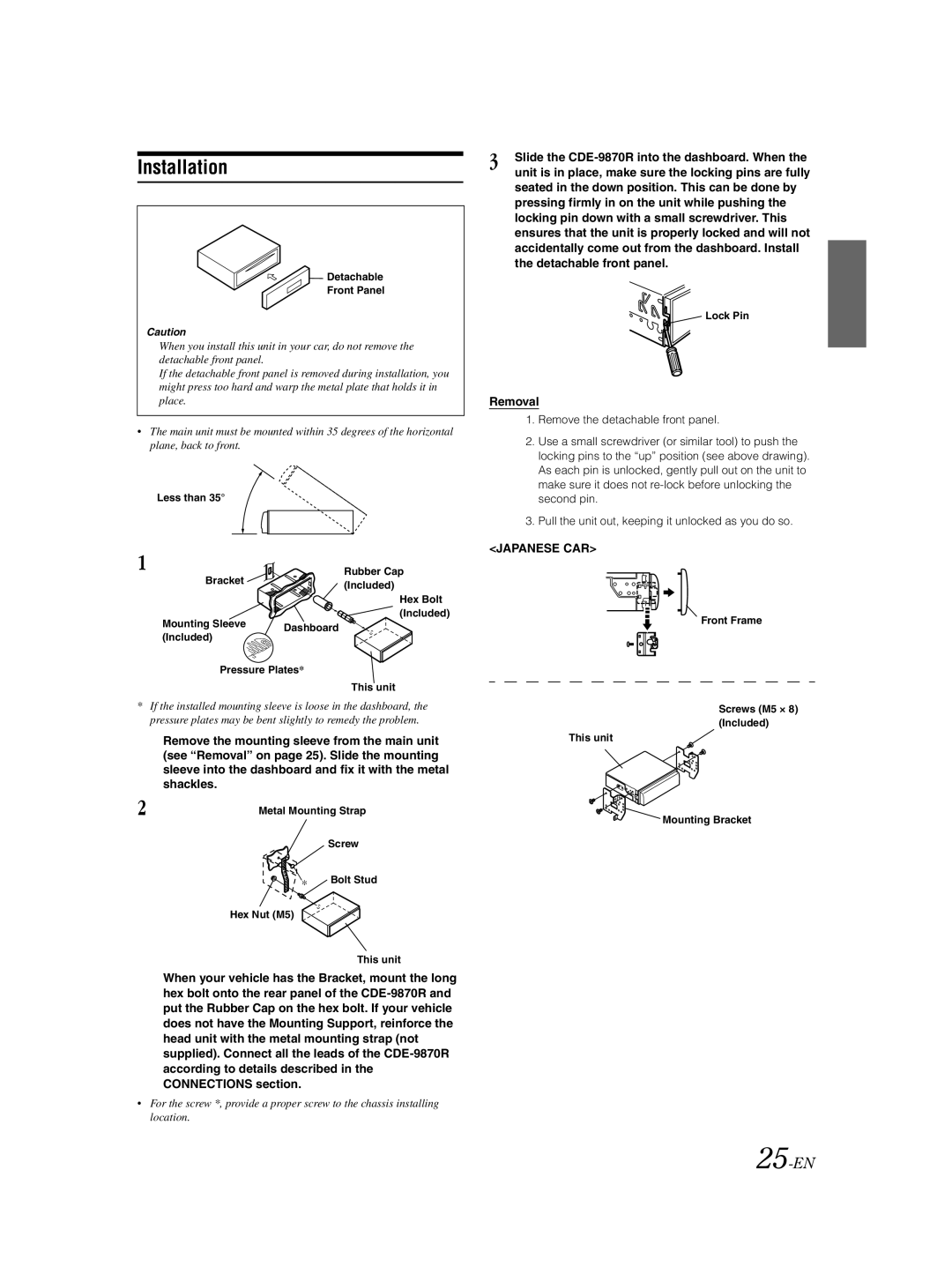 Alpine CDE-9870R owner manual Installation, Removal 