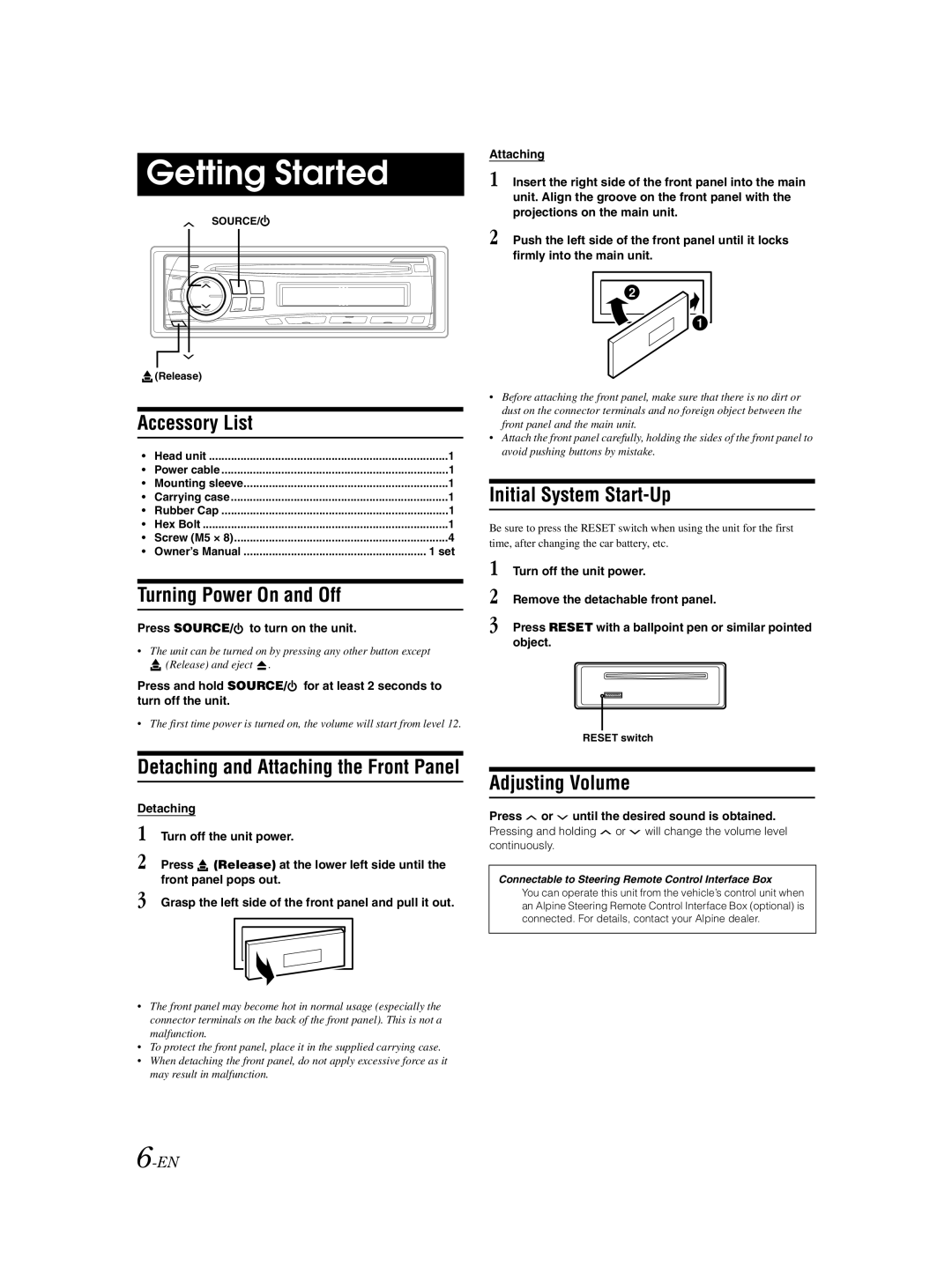 Alpine CDE-9870R Getting Started, Accessory List, Turning Power On and Off, Initial System Start-Up, Adjusting Volume 