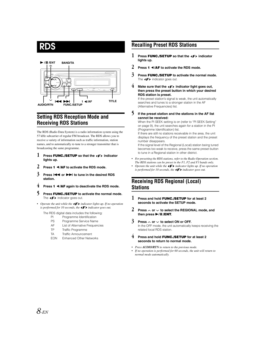 Alpine CDE-9870R owner manual Setting RDS Reception Mode and Receiving RDS Stations, Recalling Preset RDS Stations 