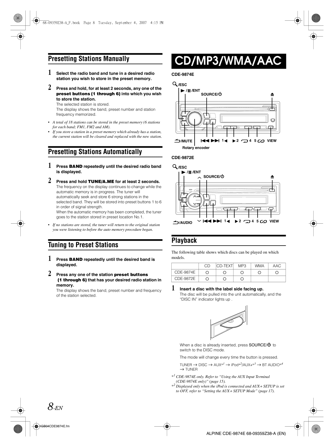 Alpine CDE-9872E Presetting Stations Manually, Presetting Stations Automatically, Tuning to Preset Stations, Playback 