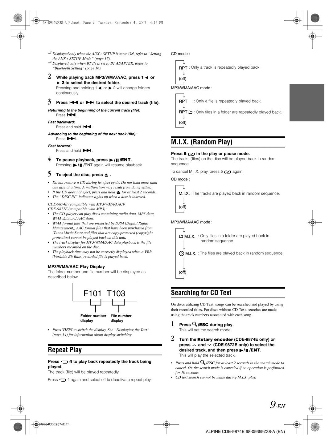 Alpine CDE-9874E, CDE-9872E owner manual X. Random Play, Repeat Play, Searching for CD Text 