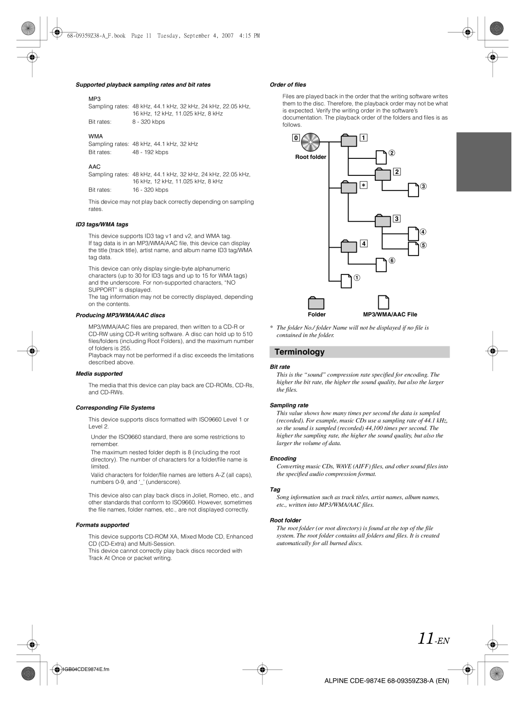 Alpine CDE-9874E, CDE-9872E owner manual 11-EN, Supported playback sampling rates and bit rates 