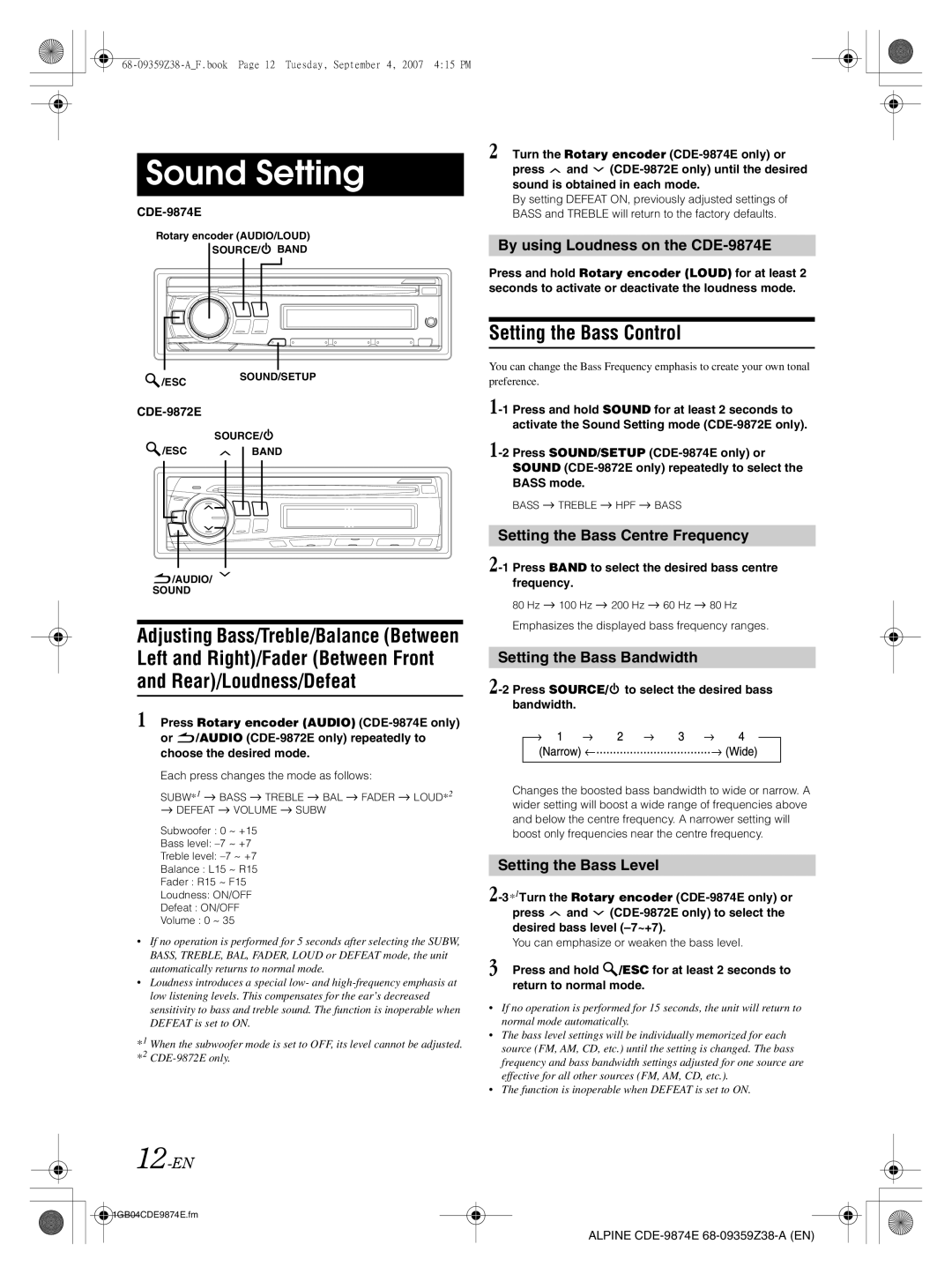 Alpine CDE-9872E Sound Setting, Left and Right/Fader Between Front Rear/Loudness/Defeat, Setting the Bass Control, 12-EN 