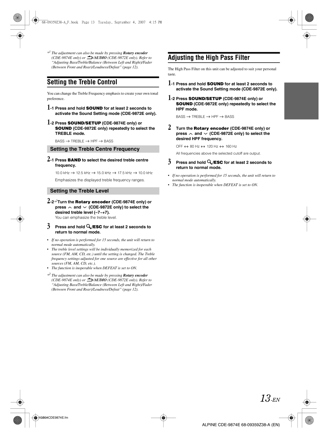 Alpine CDE-9874E, CDE-9872E owner manual Setting the Treble Control, Adjusting the High Pass Filter, 13-EN 