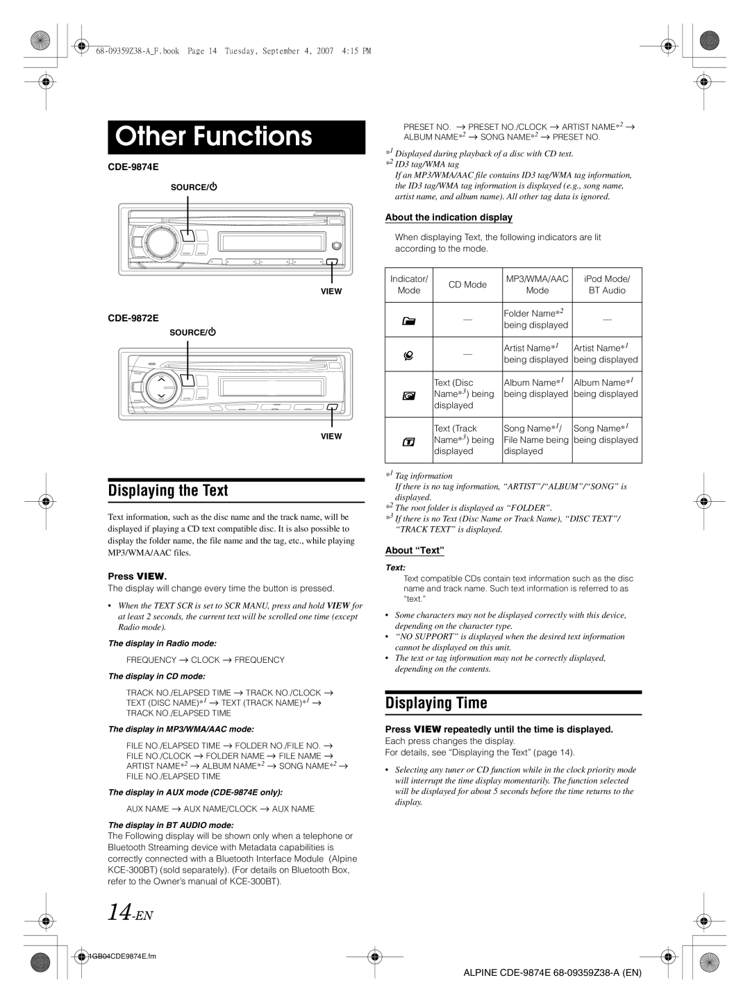 Alpine CDE-9872E, CDE-9874E owner manual Other Functions, Displaying the Text, Displaying Time, 14-EN 