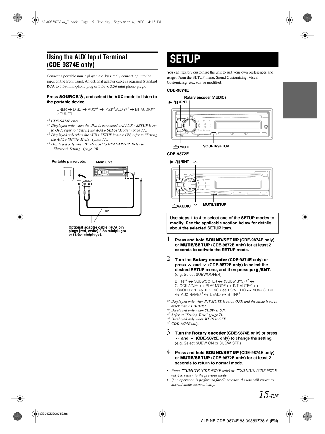 Alpine CDE-9872E Using the AUX Input Terminal CDE-9874E only, 15-EN, Select Subwoofer, Select Subw on or Subw OFF 