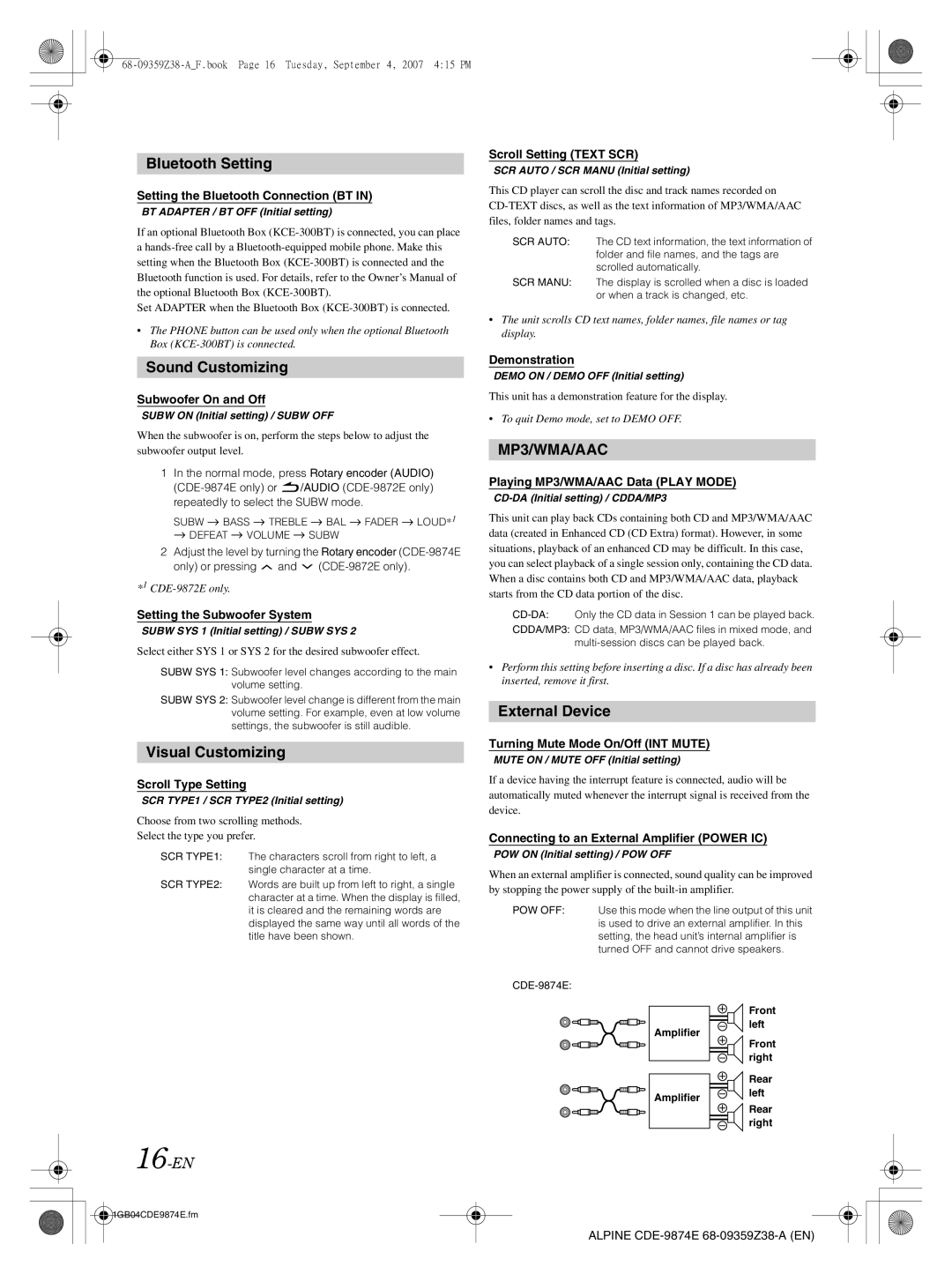 Alpine CDE-9872E, CDE-9874E owner manual 16-EN 