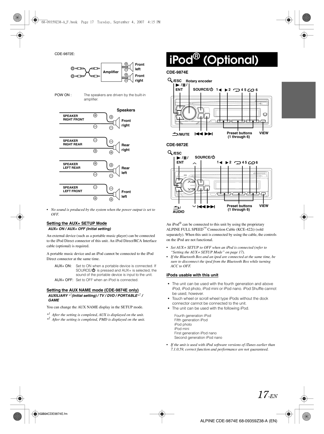 Alpine CDE-9874E, CDE-9872E owner manual IPod Optional, 17-EN 