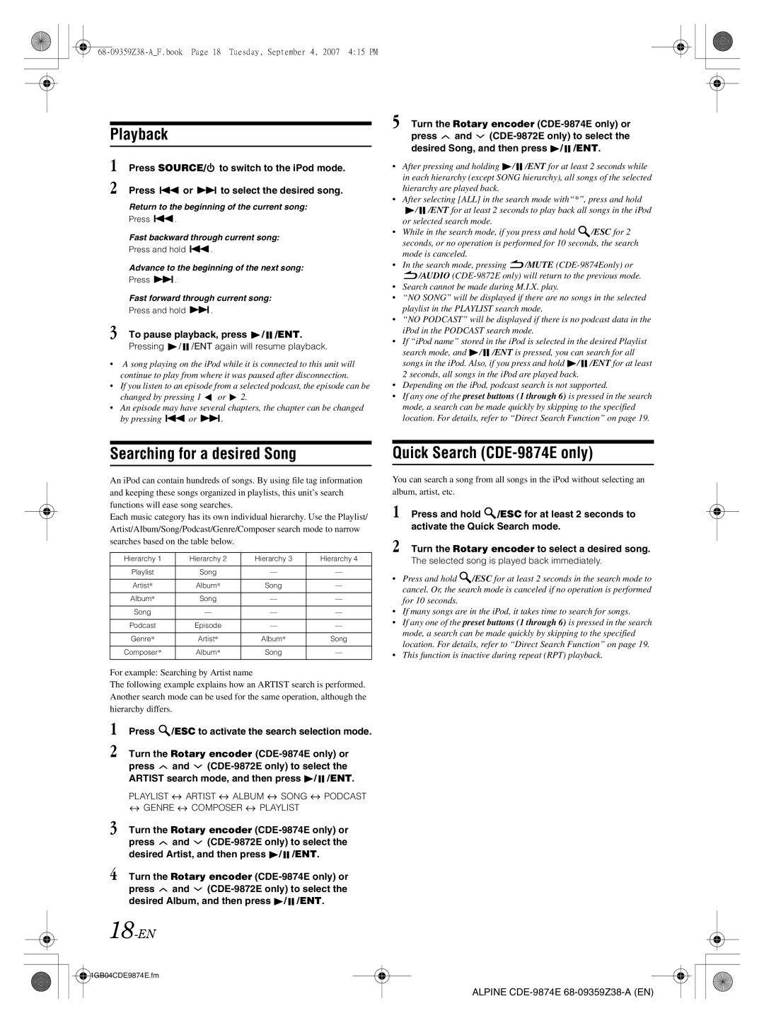 Alpine CDE-9872E, CDE-9874E owner manual Searching for a desired Song, 18-EN, Selected song is played back immediately 