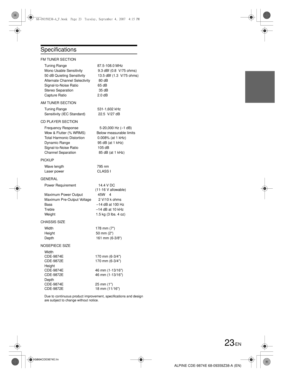 Alpine CDE-9874E, CDE-9872E owner manual Specifications, 23-EN 