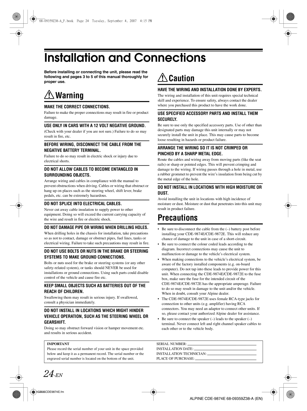 Alpine CDE-9872E, CDE-9874E owner manual Installation and Connections, 24-EN 