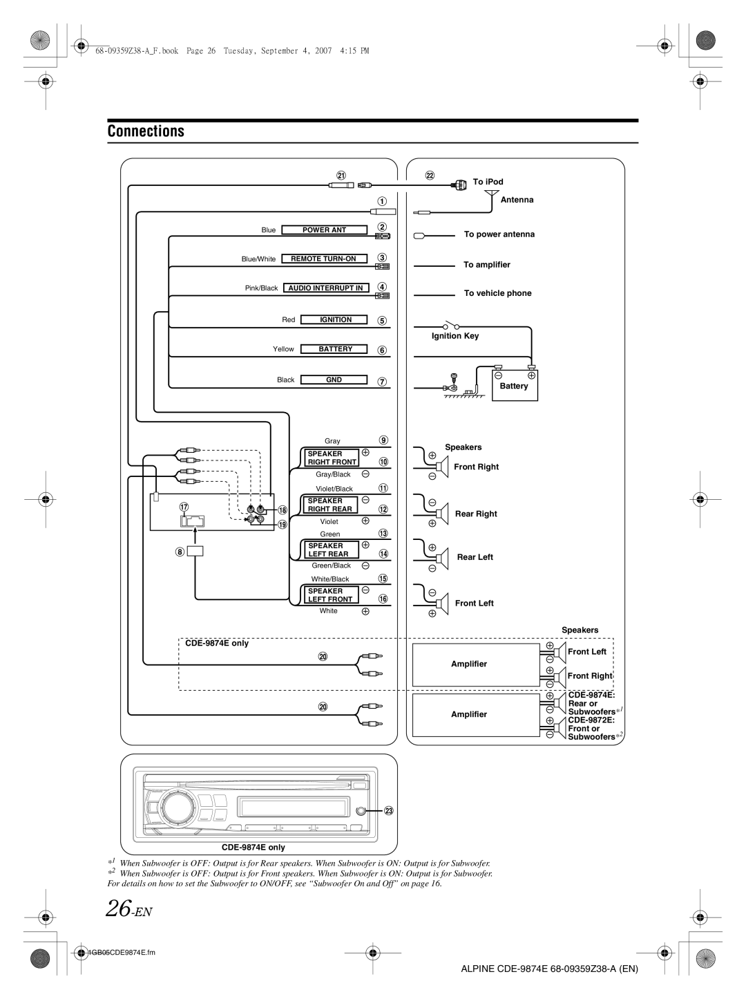 Alpine CDE-9872E, CDE-9874E owner manual Connections, 26-EN 