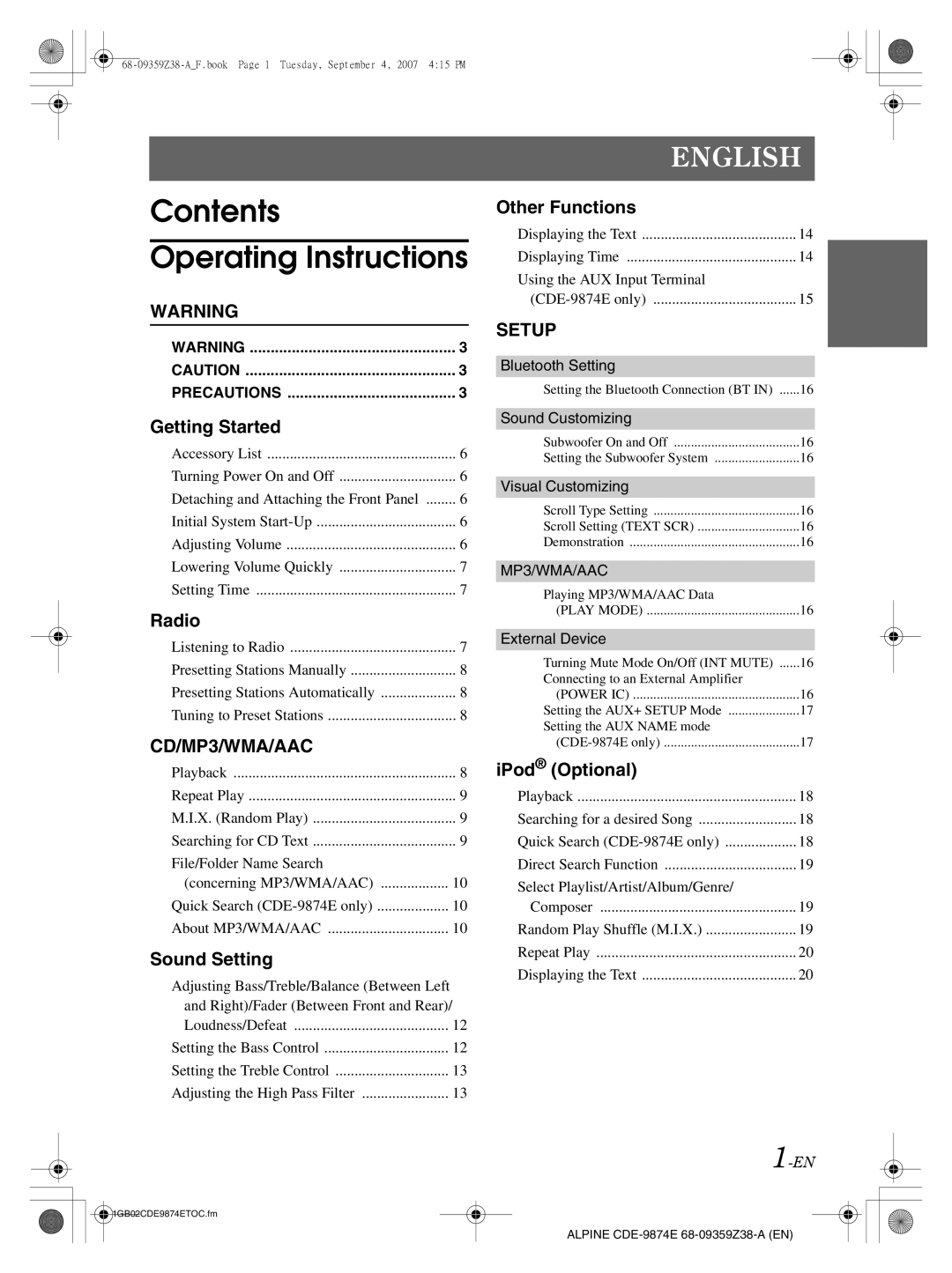 Alpine CDE-9874E, CDE-9872E owner manual Contents Operating Instructions 