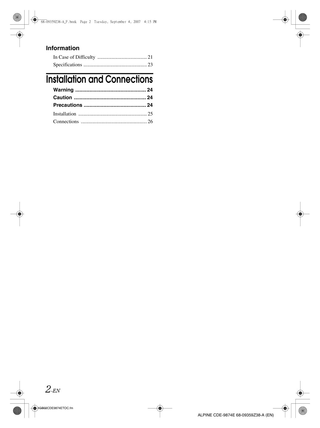 Alpine CDE-9872E, CDE-9874E owner manual Installation and Connections 