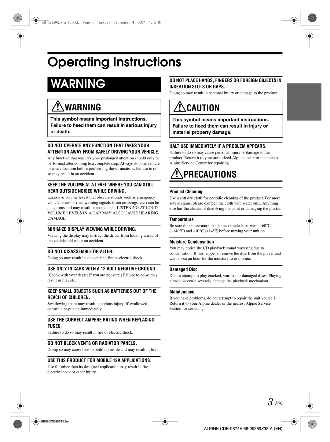 Alpine CDE-9874E, CDE-9872E owner manual Operating Instructions 