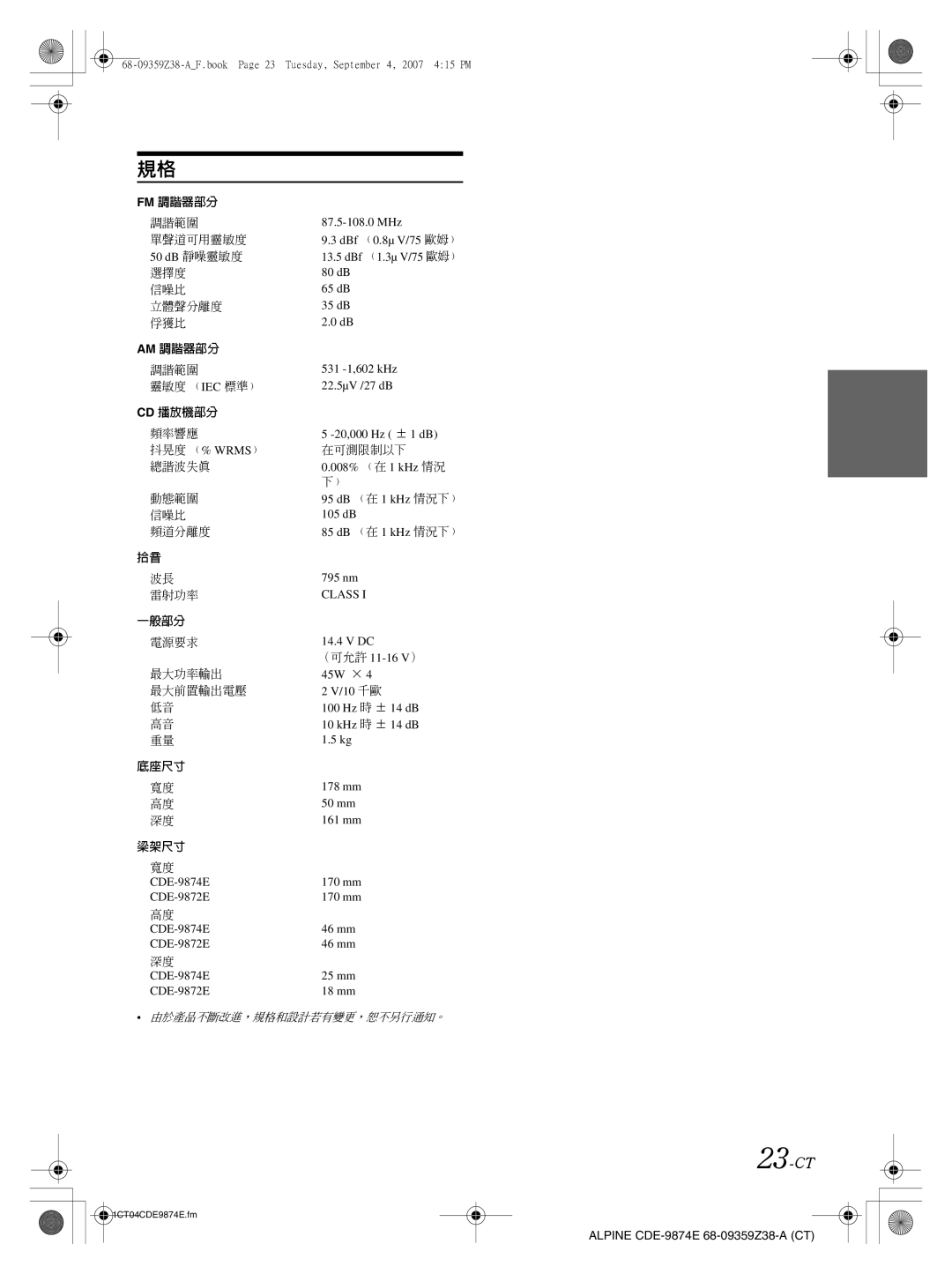 Alpine CDE-9874E, CDE-9872E owner manual 23-CT, 底座尺寸 梁架尺寸 