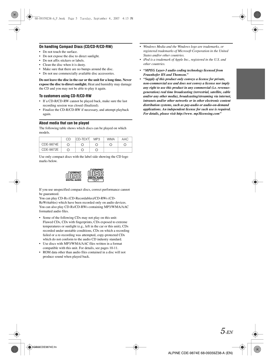 Alpine owner manual On handling Compact Discs CD/CD-R/CD-RW, CDE-9874E CDE-9872E 