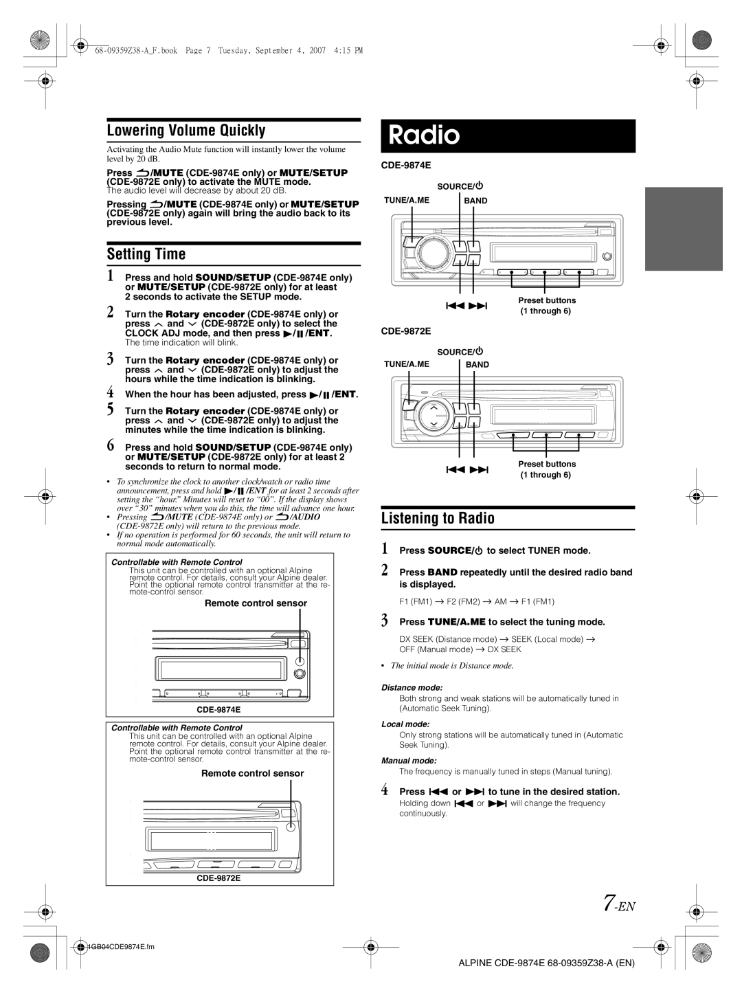 Alpine CDE-9874E, CDE-9872E owner manual Lowering Volume Quickly, Setting Time, Listening to Radio 