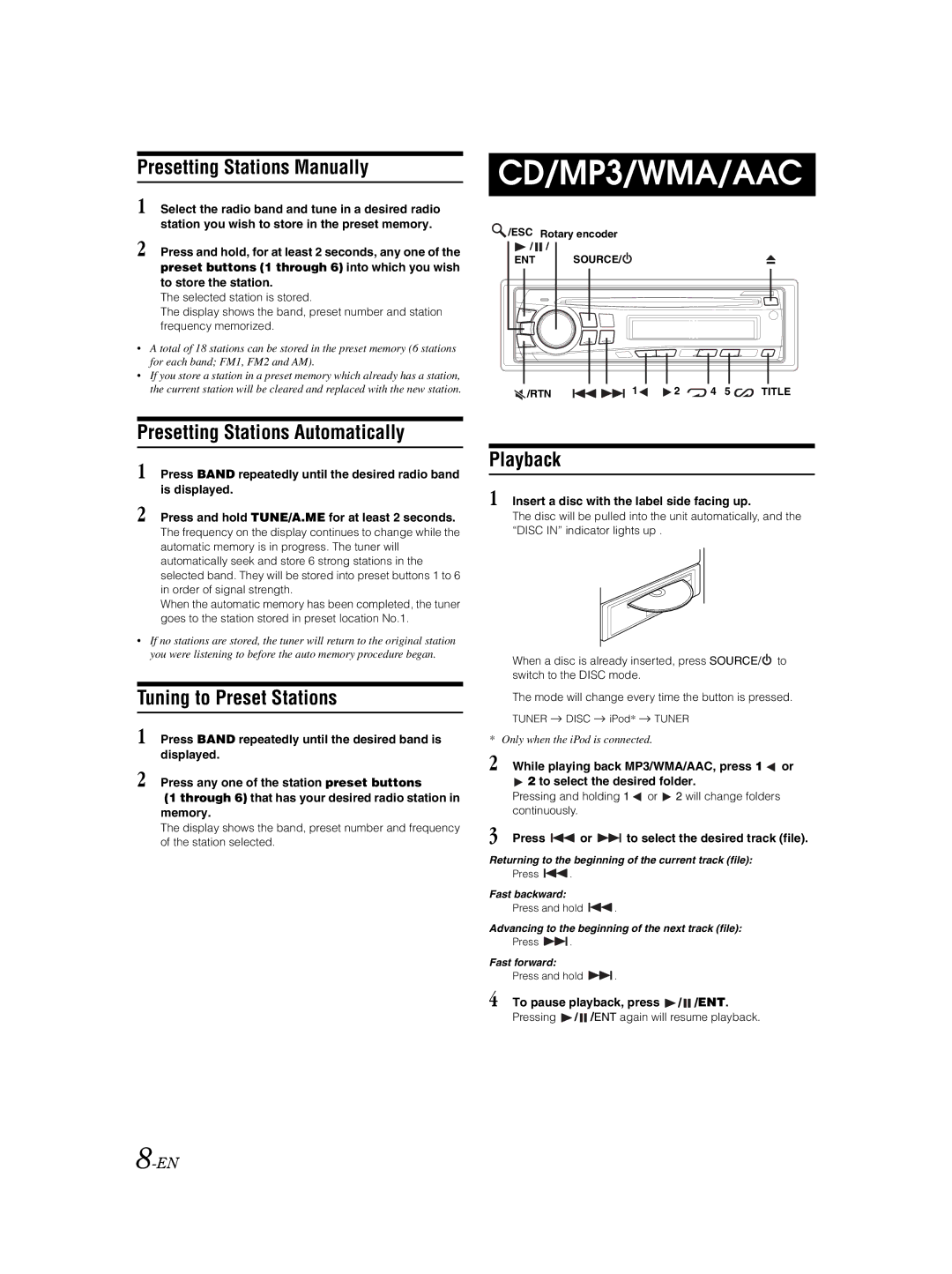 Alpine CDE-9873 Presetting Stations Manually, Presetting Stations Automatically, Tuning to Preset Stations, Playback 