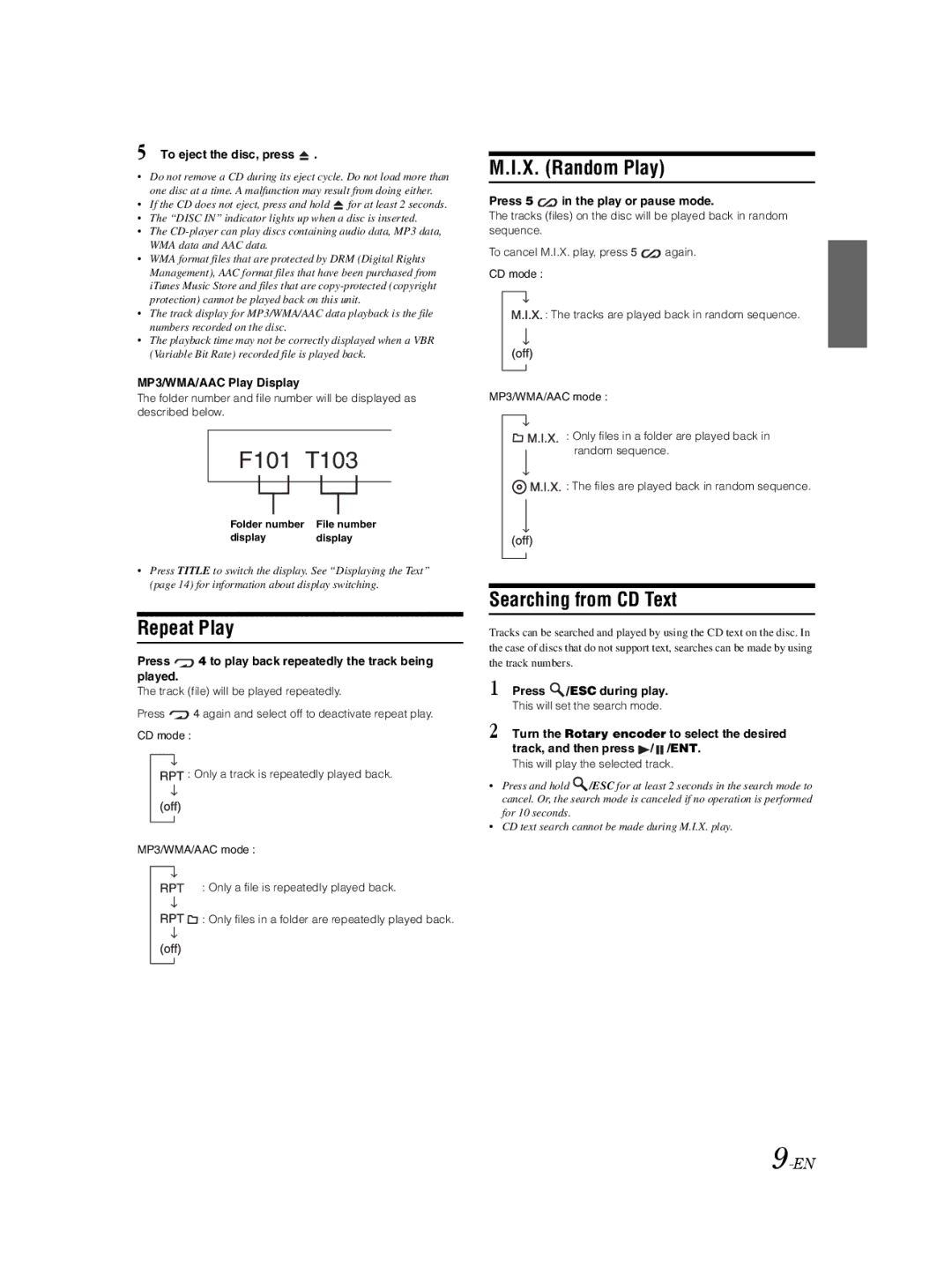 Alpine CDE-9873 owner manual X. Random Play, Repeat Play, Searching from CD Text 