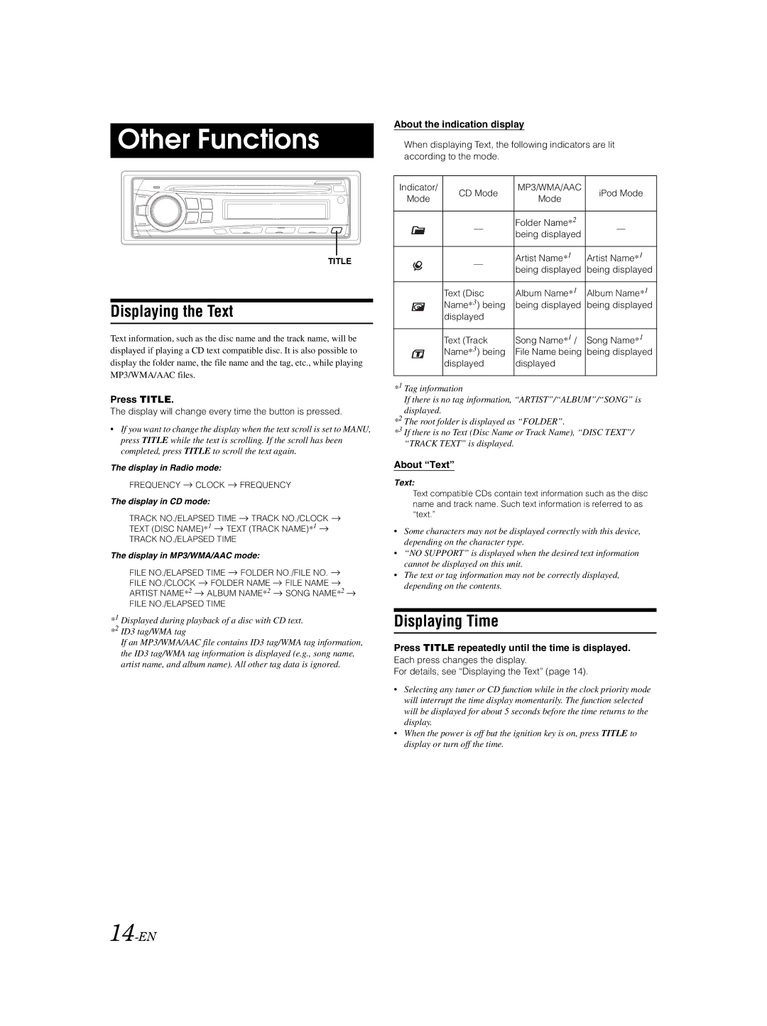 Alpine CDE-9873 owner manual Other Functions, Displaying the Text, Displaying Time, 14-EN 