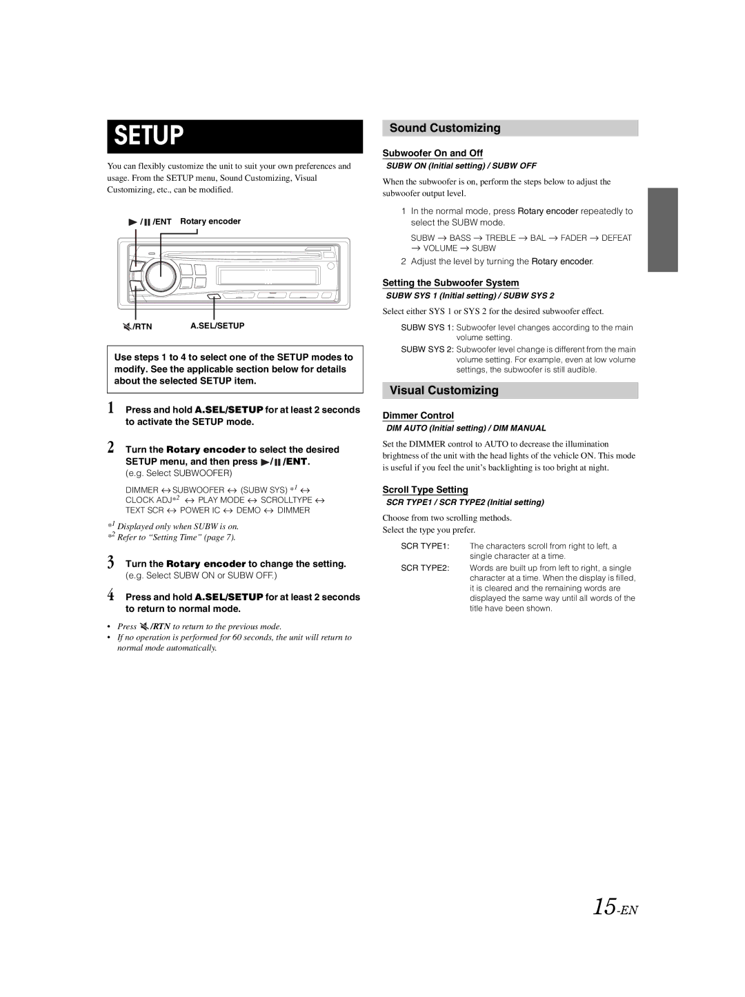 Alpine CDE-9873 owner manual Sound Customizing, Visual Customizing, 15-EN 