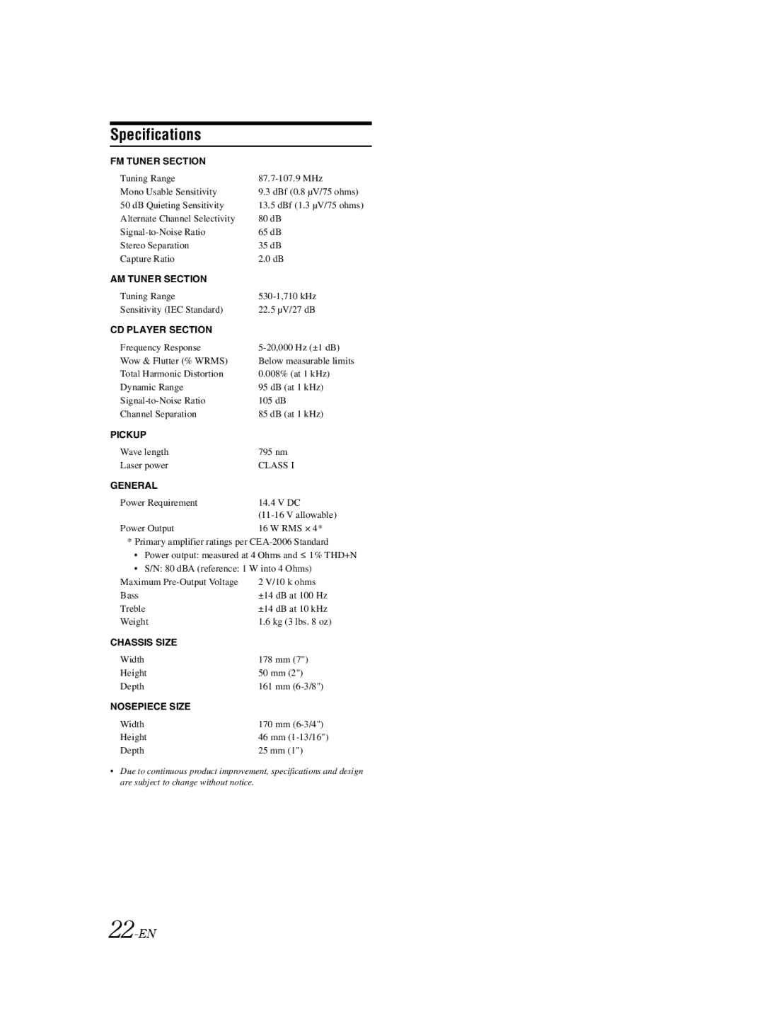 Alpine CDE-9873 owner manual Specifications, 22-EN 