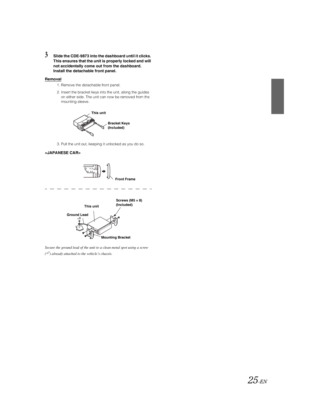 Alpine CDE-9873 owner manual 25-EN, Install the detachable front panel Removal, Japanese CAR 