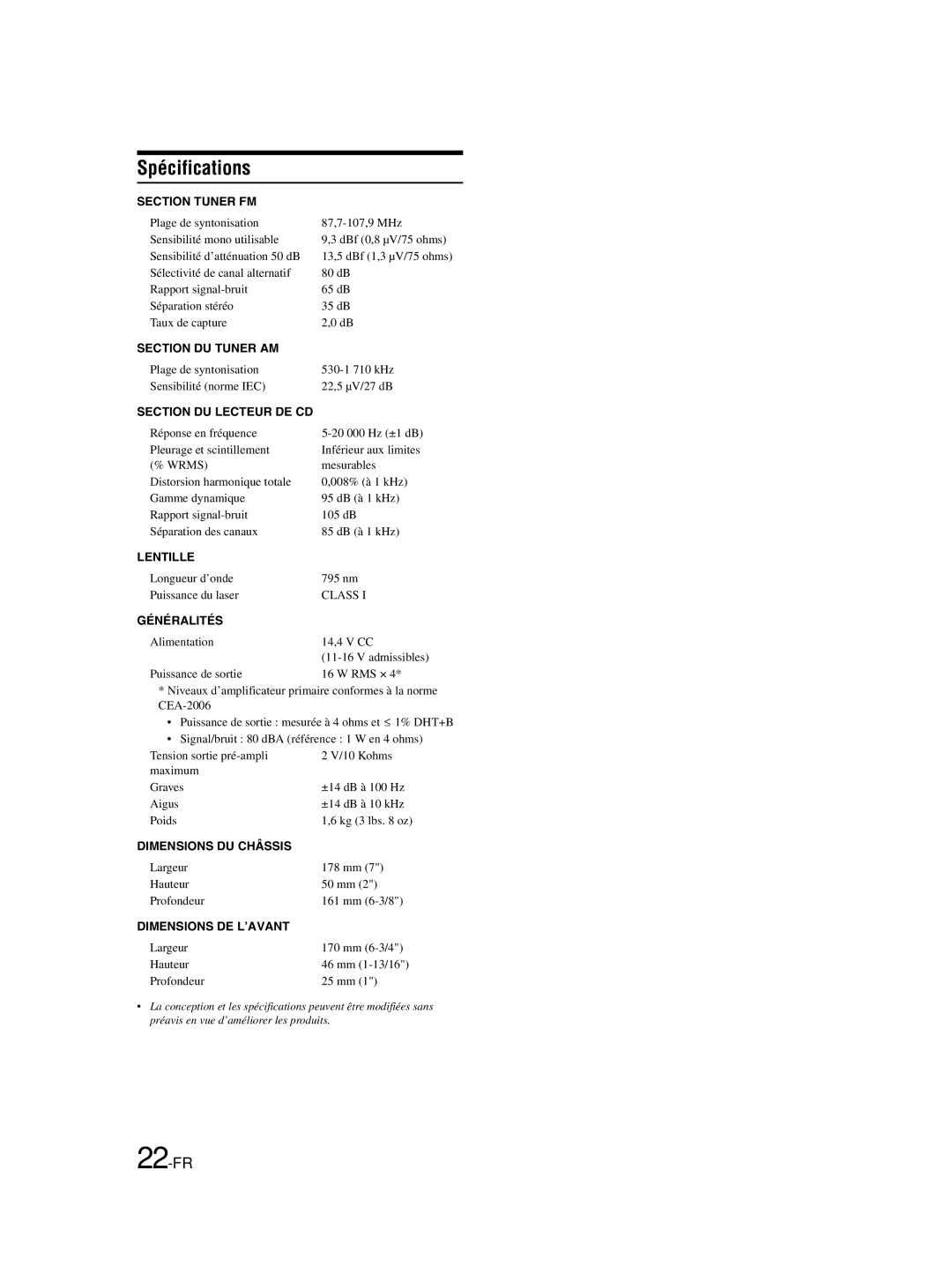 Alpine CDE-9873 owner manual Spécifications, 22-FR 