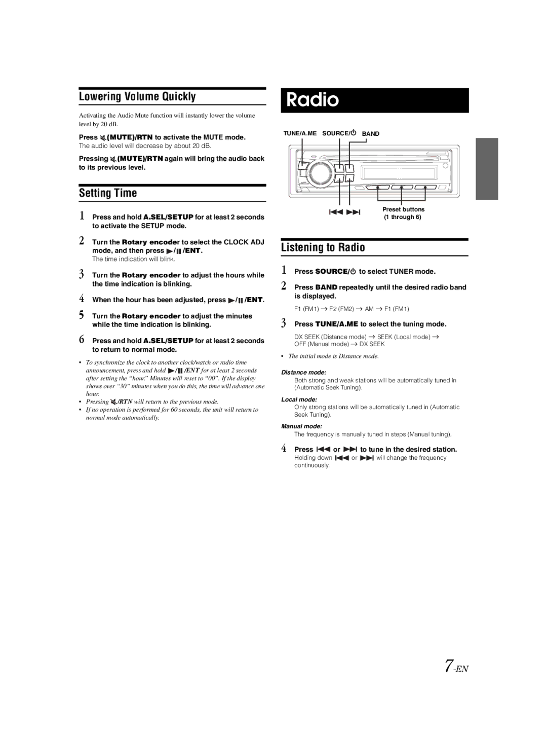 Alpine CDE-9873 owner manual Lowering Volume Quickly, Setting Time, Listening to Radio 