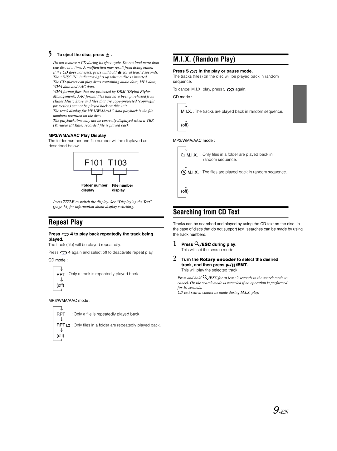 Alpine CDE-9873 owner manual X. Random Play, Repeat Play, Searching from CD Text 