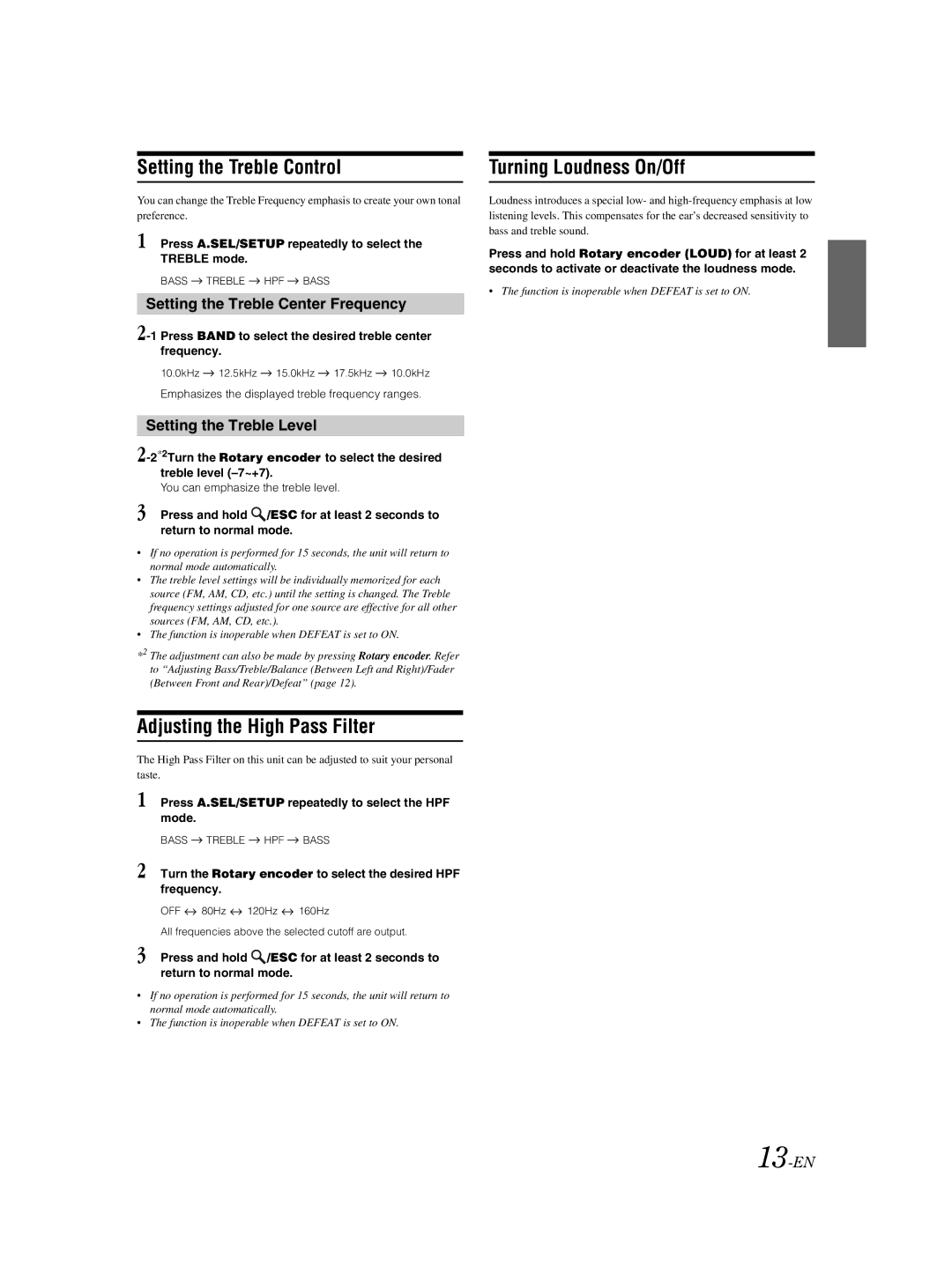 Alpine CDE-9873 owner manual Setting the Treble Control, Adjusting the High Pass Filter, Turning Loudness On/Off 