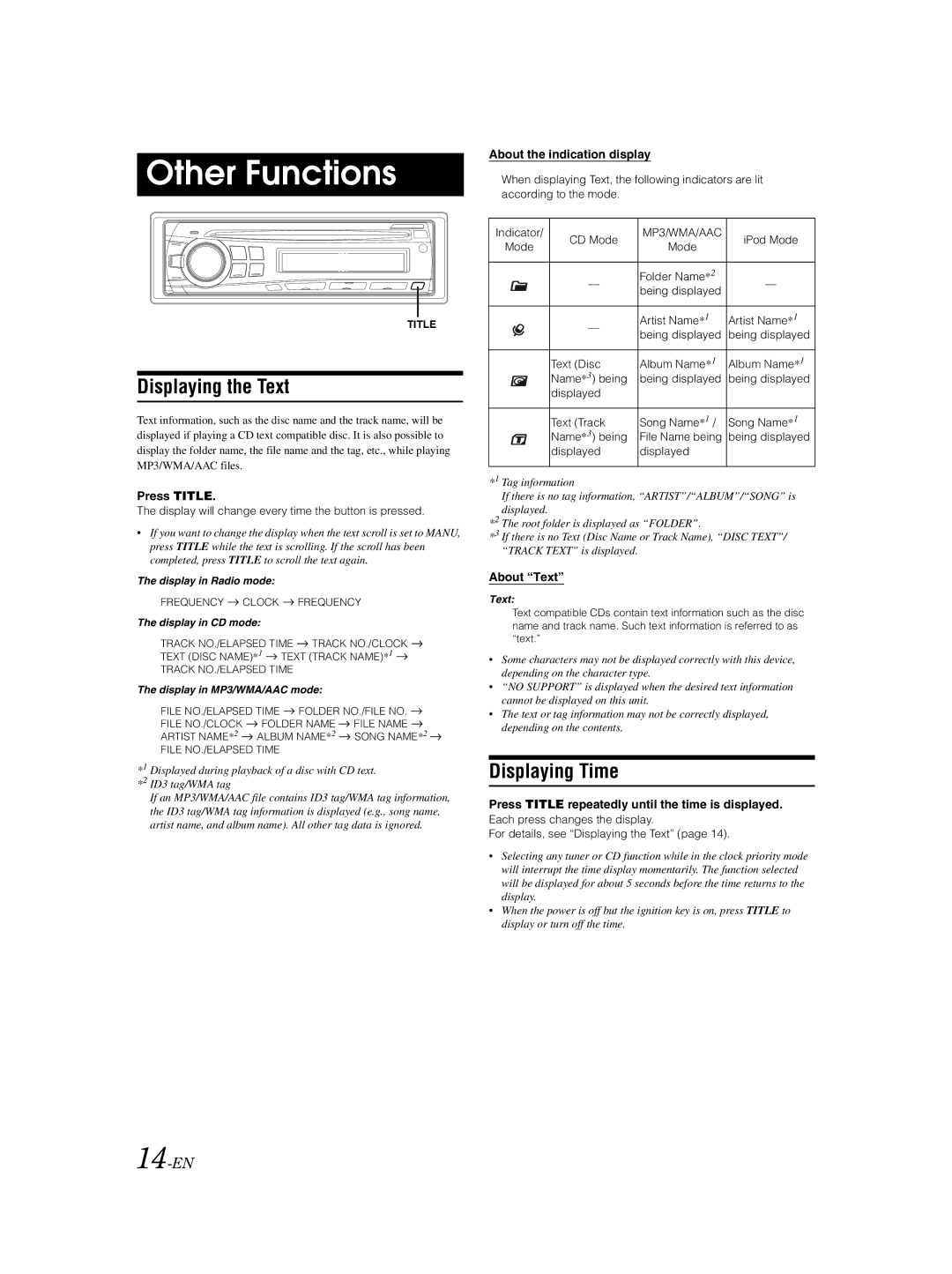 Alpine CDE-9873 owner manual Other Functions, Displaying the Text, Displaying Time, 14-EN 