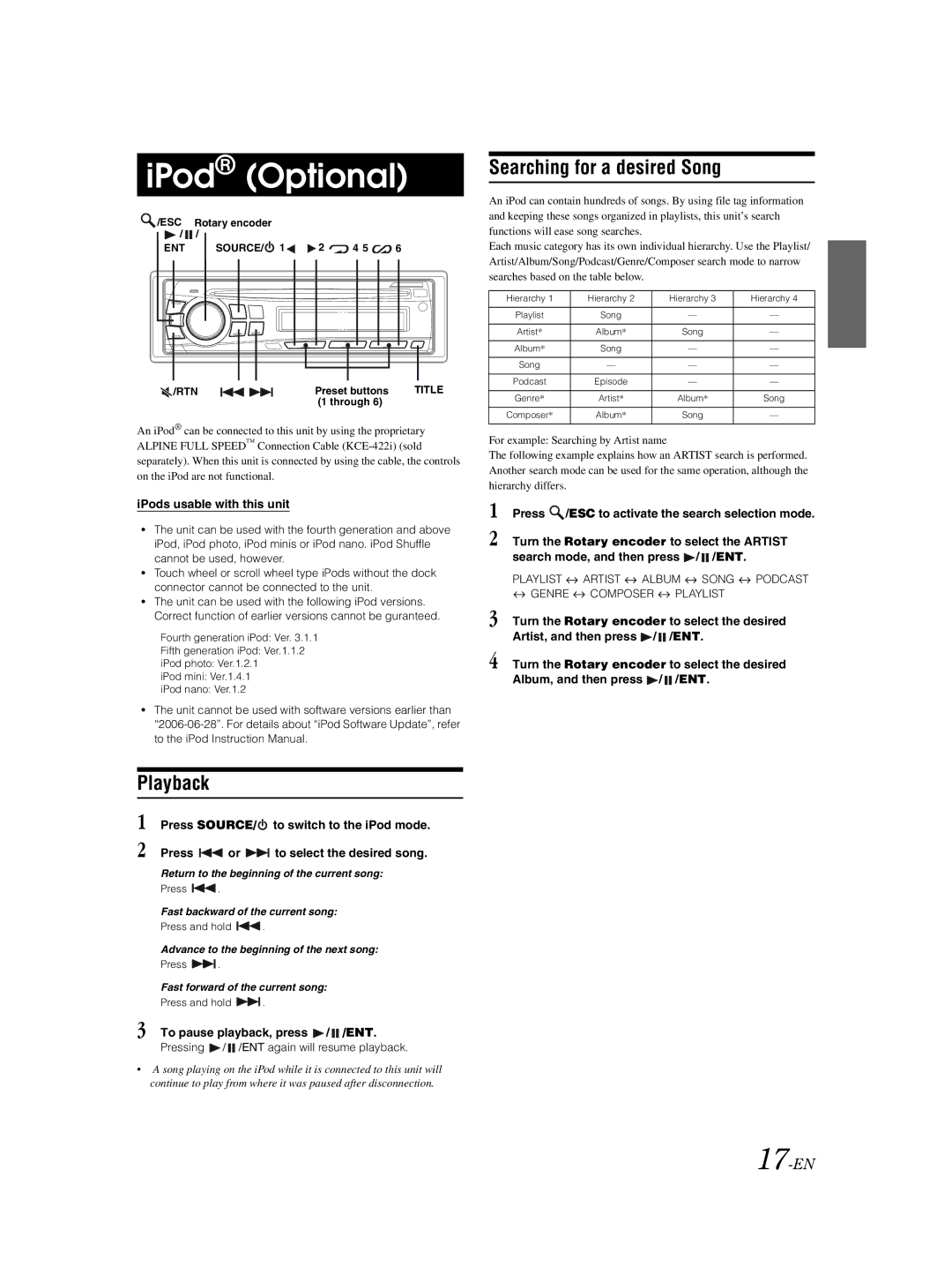 Alpine CDE-9873 owner manual IPod Optional, Searching for a desired Song, 17-EN 