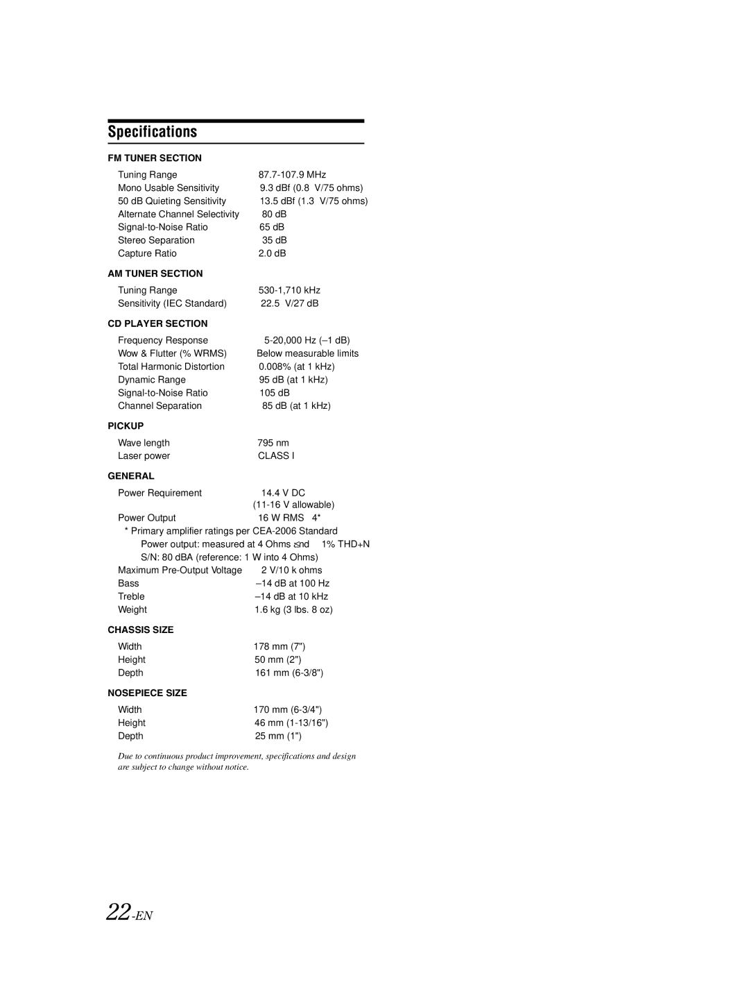 Alpine CDE-9873 owner manual Specifications, 22-EN 