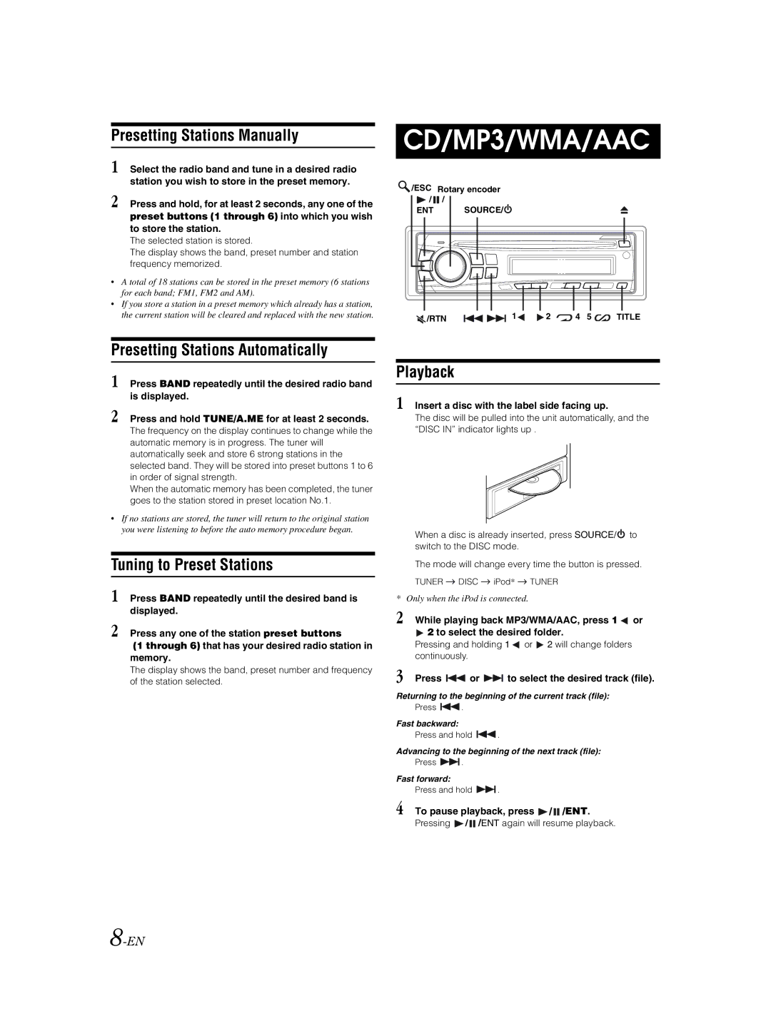 Alpine CDE-9873 Presetting Stations Manually, Presetting Stations Automatically, Tuning to Preset Stations, Playback 